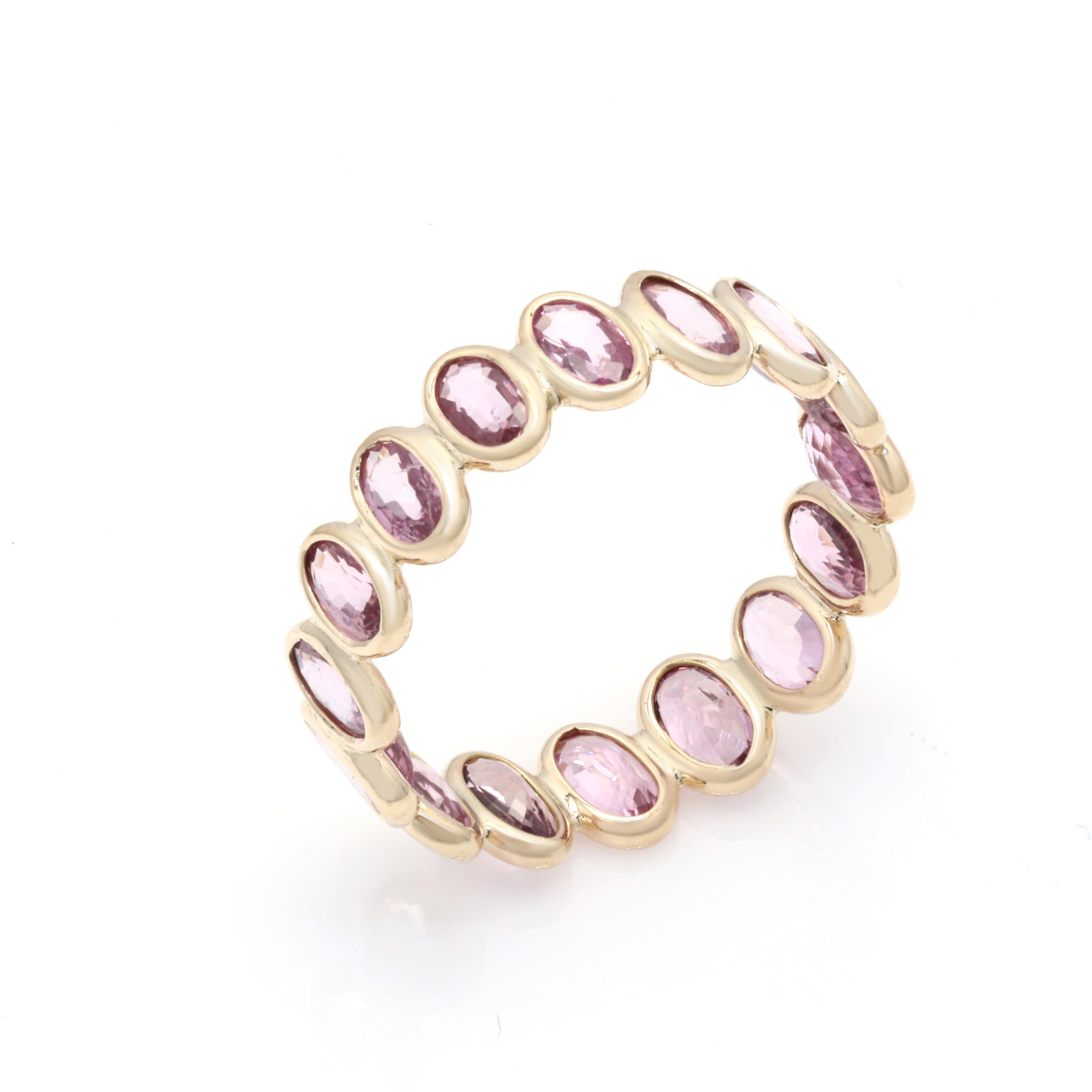 For Sale:  Handmade 4.47 Ct Oval Pink Sapphire Birthstone Eternity Ring in 14K Yellow Gold 4