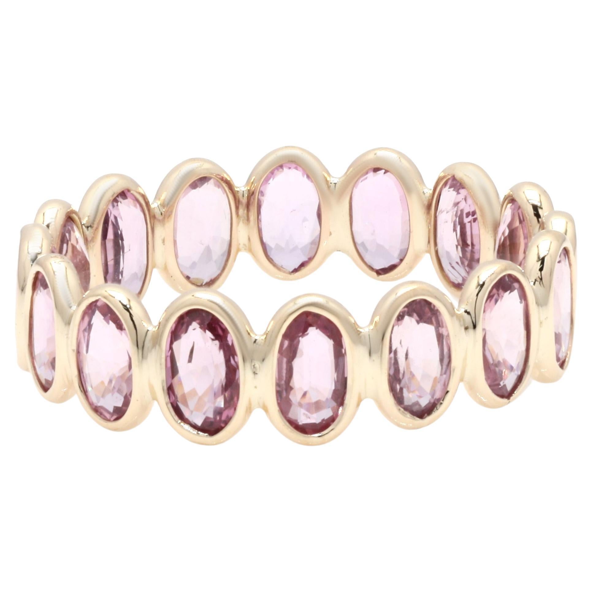 Handmade 4.47 Ct Oval Pink Sapphire Birthstone Eternity Ring in 14K Yellow Gold