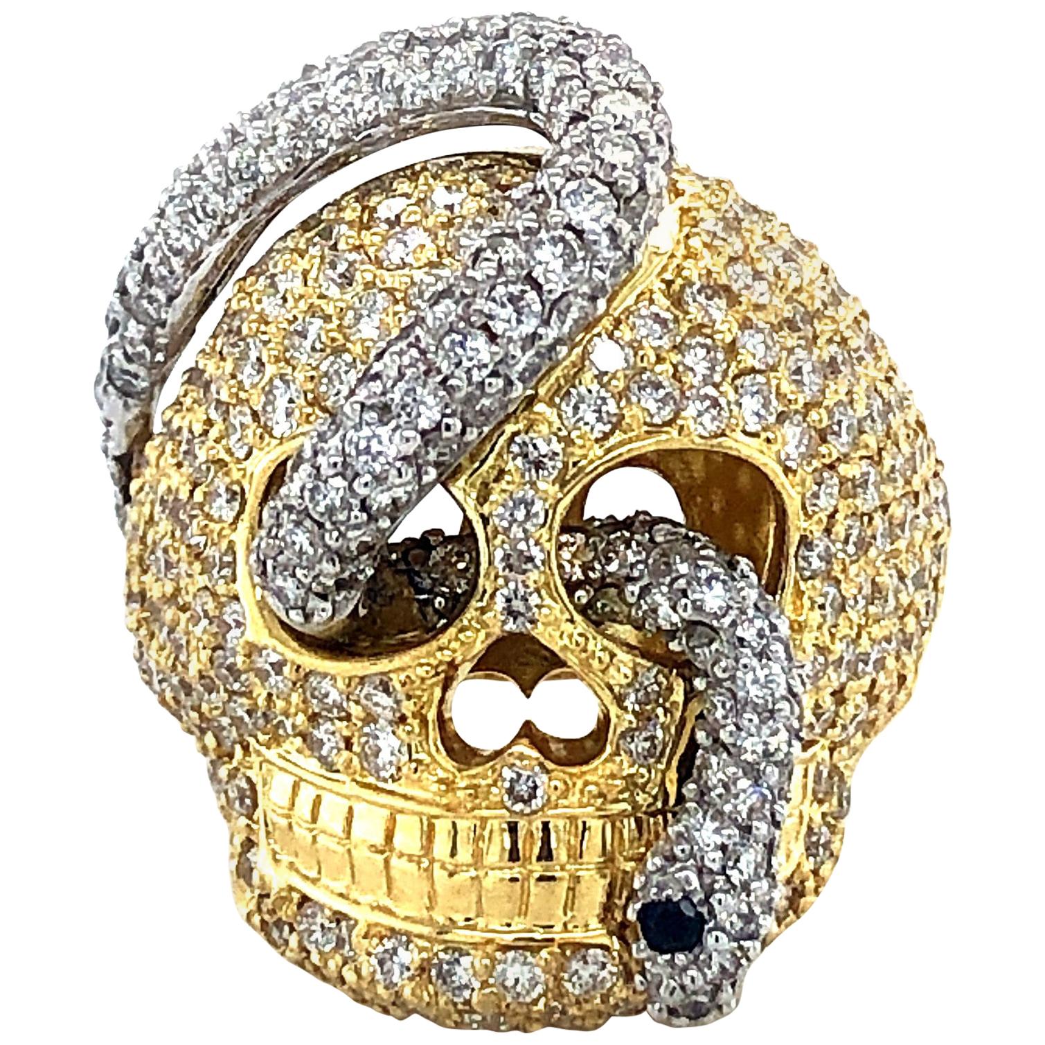 18kt White & Yellow Gold Diamond Snake and Skull Ring  Handmade 4.95ct 