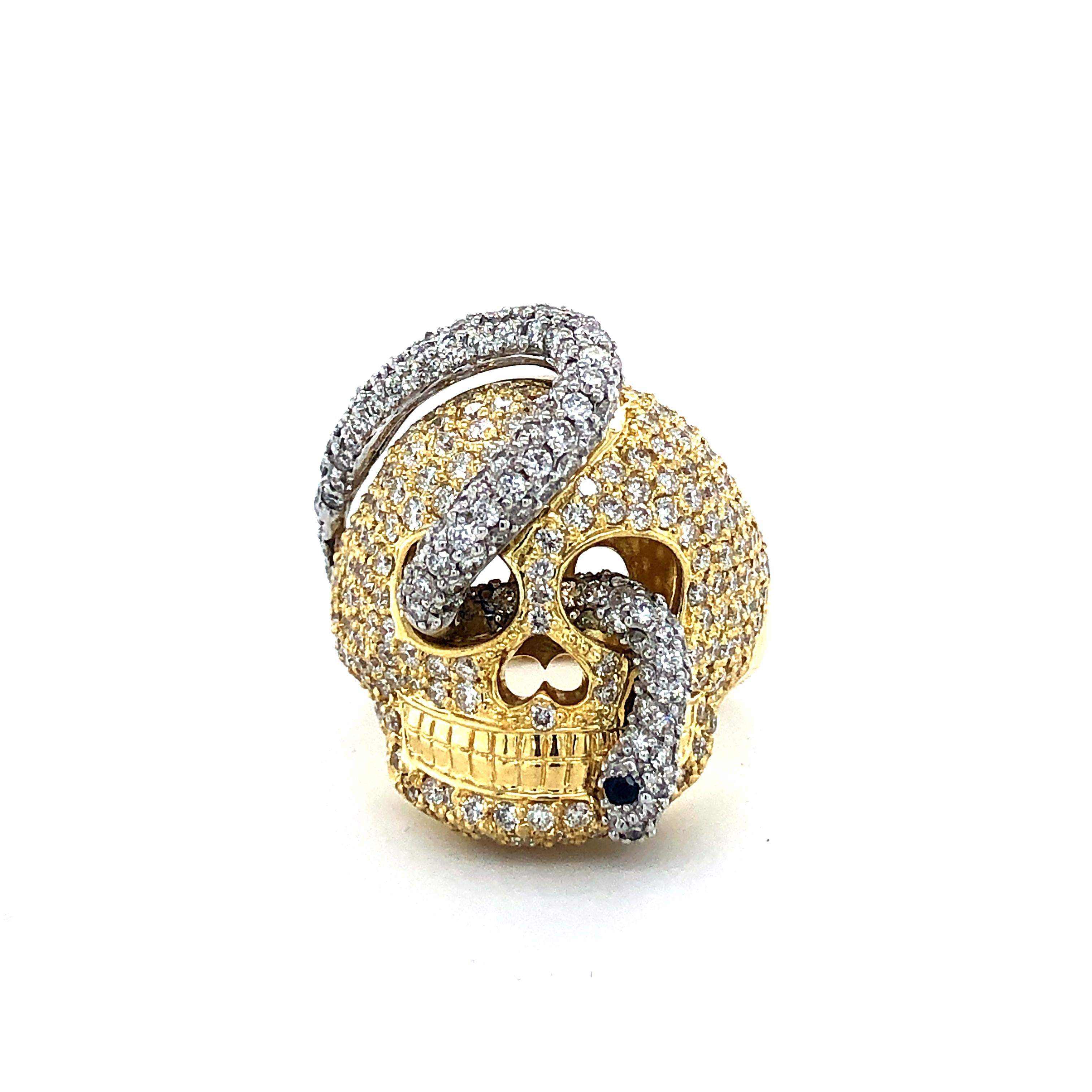 18kt White & Yellow Gold Diamond Snake and Skull Ring  Handmade 4.95ct 

Life is short, enjoy it while it lasts!

Very cool Snake and Skull ring made out of 18 kt yellow and white gold.

The skull is set in yellow gold, the snake is set in white