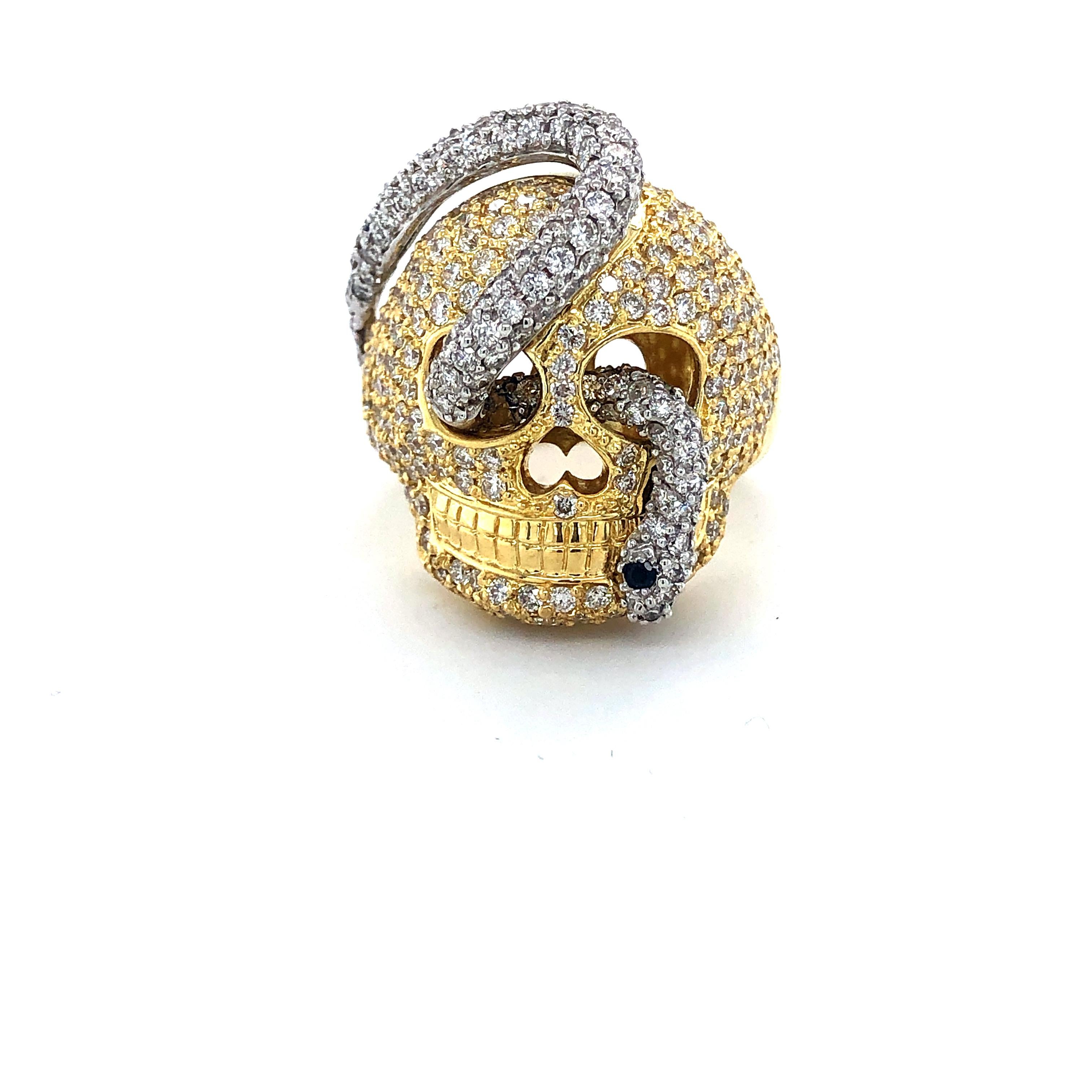 Modern 18kt White & Yellow Gold Diamond Snake and Skull Ring  Handmade 4.95ct 