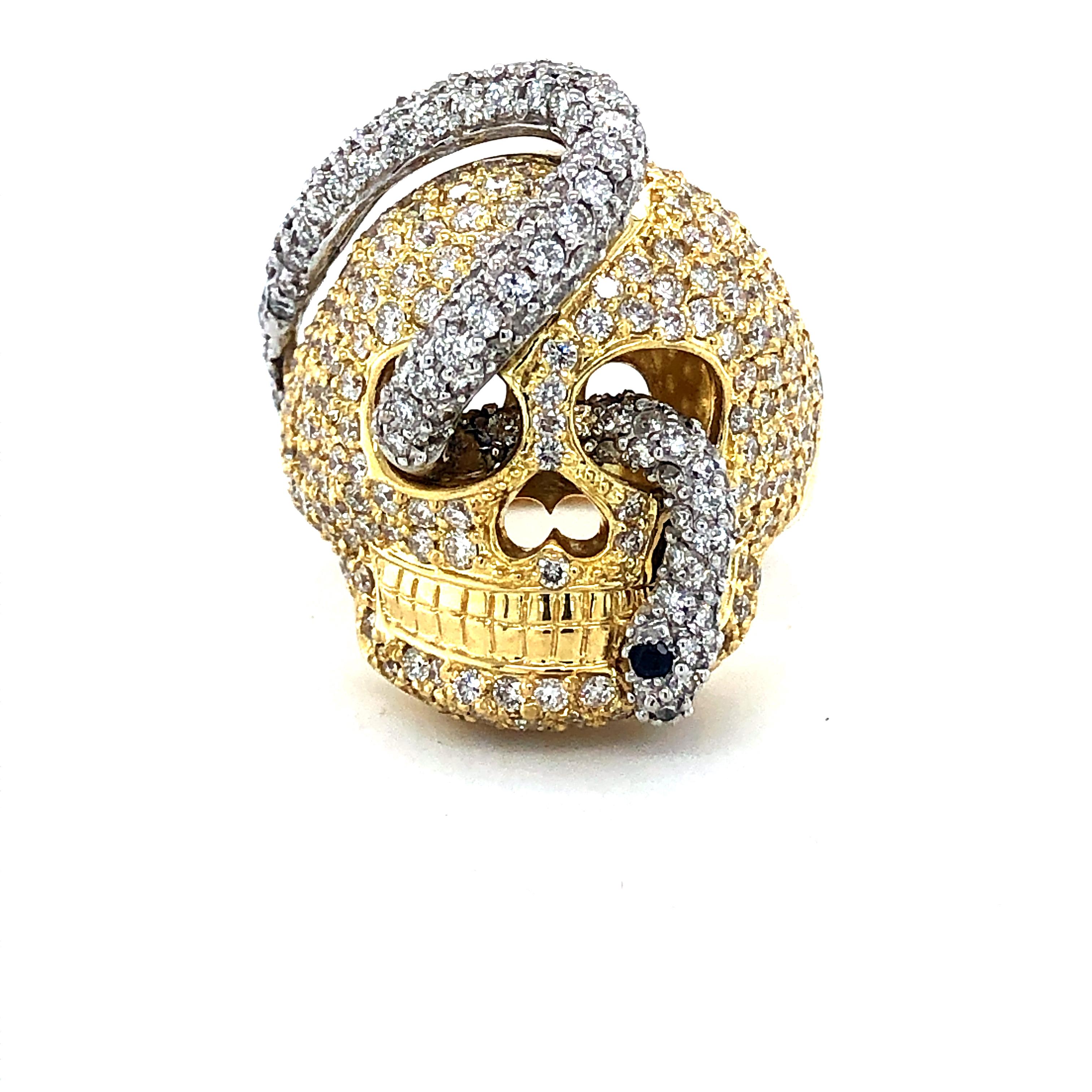 Round Cut 18kt White & Yellow Gold Diamond Snake and Skull Ring  Handmade 4.95ct 