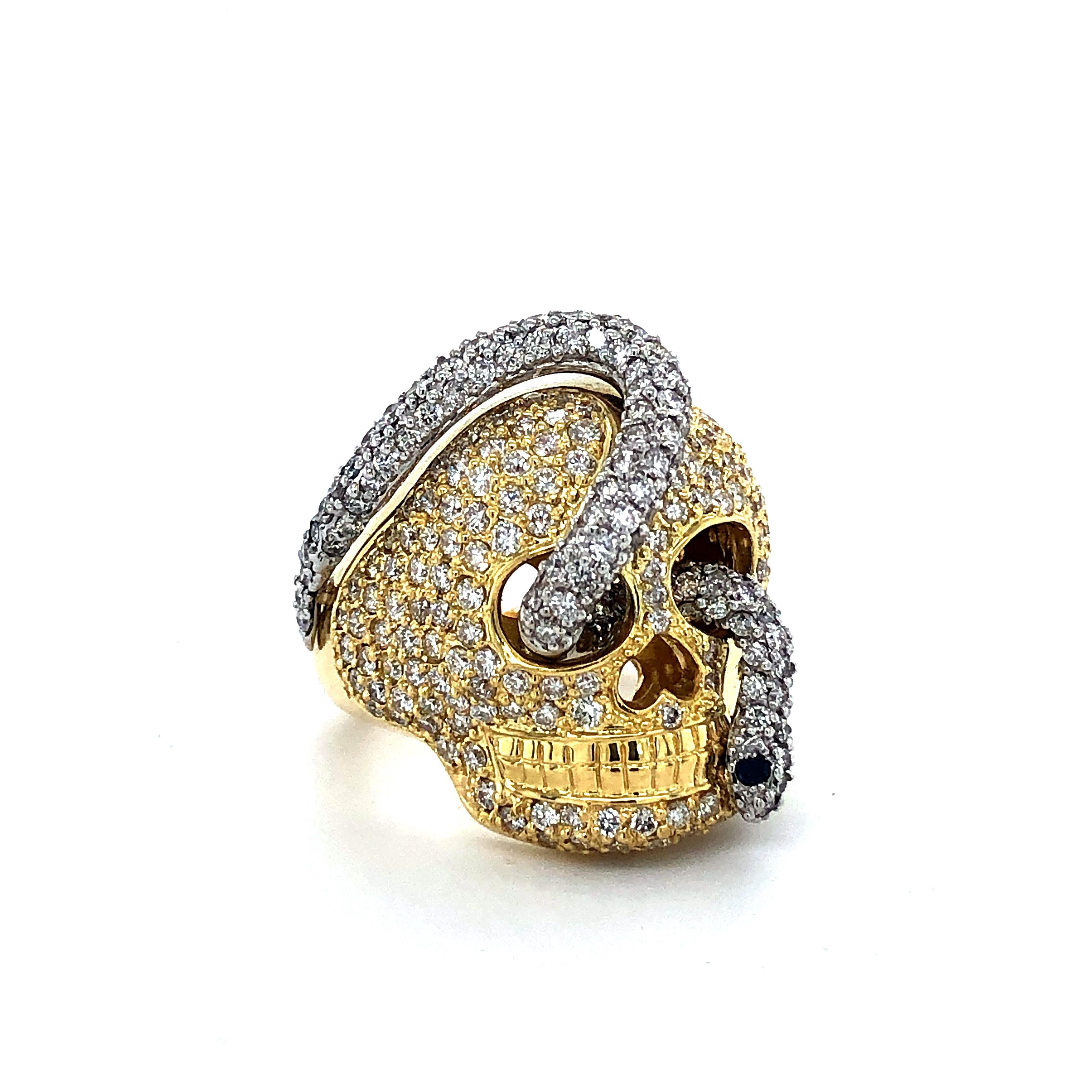 Women's or Men's 18kt White & Yellow Gold Diamond Snake and Skull Ring  Handmade 4.95ct 