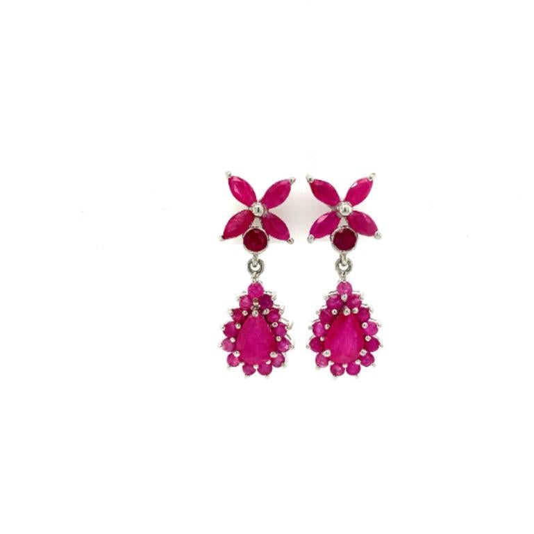 Art Deco Handmade Real Ruby Flower Dangle Drop Earrings in Sterling Silver For Sale