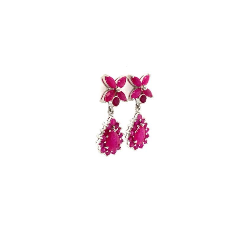 Mixed Cut Handmade Real Ruby Flower Dangle Drop Earrings in Sterling Silver For Sale