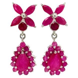 Handmade Real Ruby Flower Dangle Drop Earrings in Sterling Silver For Sale