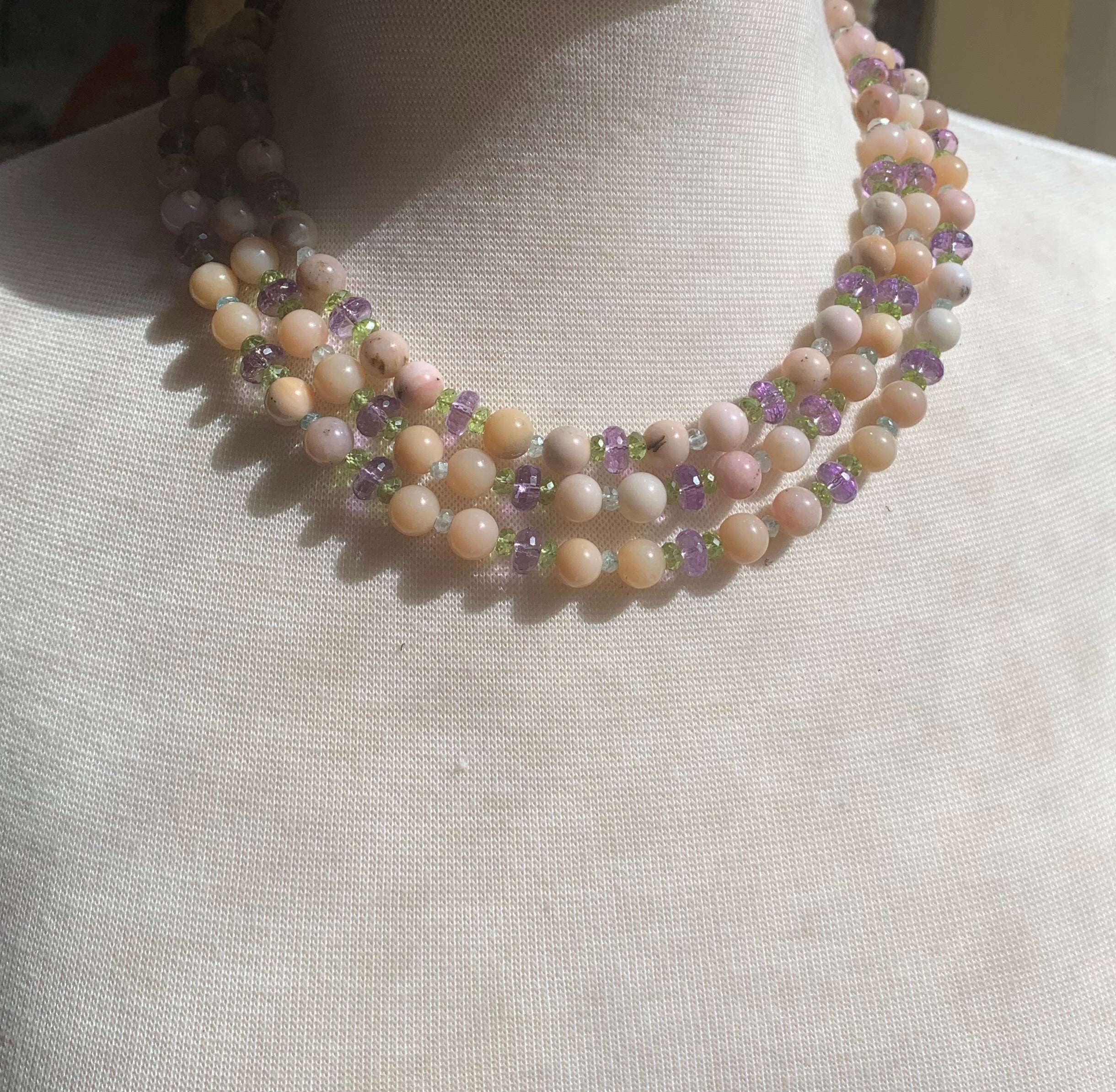 Handmade 56" Peruvian Pink Opal Necklace, Peridot, Amethyst, Apatite For Sale