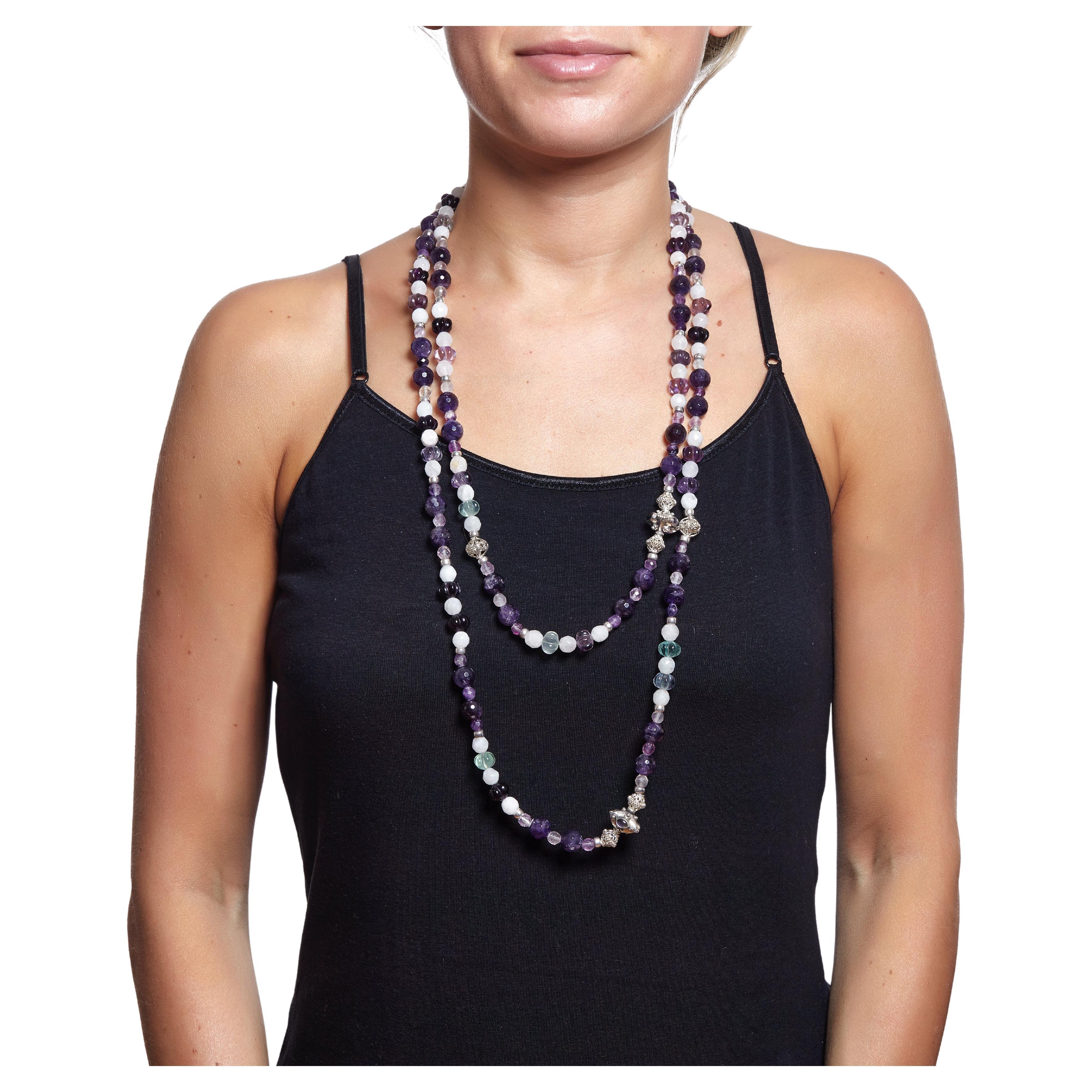One of Kind 60 inch long Gemstone Necklace with Faceted deep Purple Amethyst,  Carved Melon Pumpkin shaped Fluorite beads,  Faceted Rose Quartz,  with Rhodium Plated Amethyst Sterling focal beads surrounded with beautifully detailed Sterling