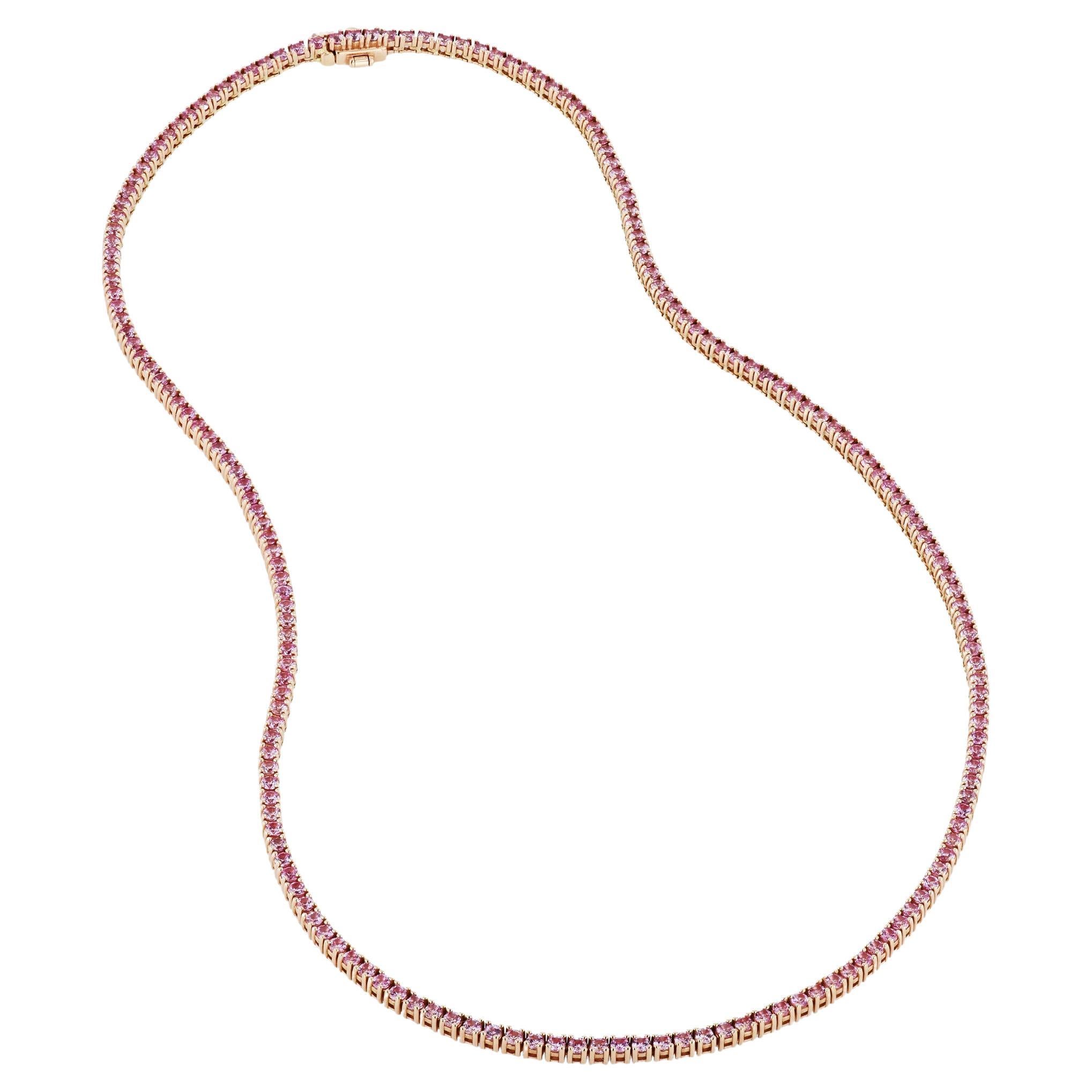 Handmade 7.58 Carat Pink Sapphire Tennis Necklace Rose Gold  For Sale