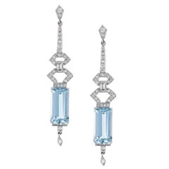 Handmade 8.60 Carat Aquamarine Diamond Platinum Art Deco Inspired Drop Earrings
