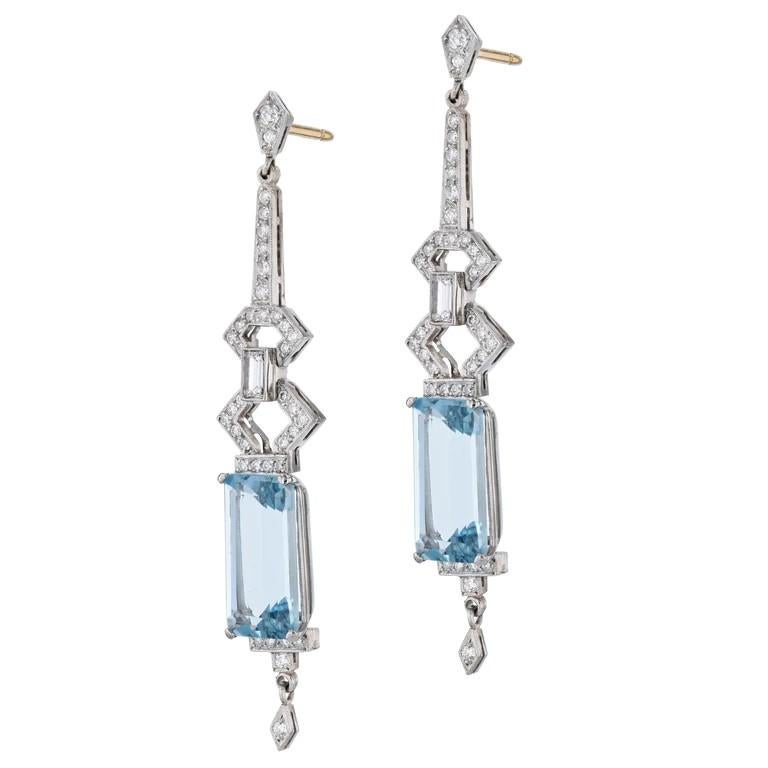 Emerald Cut Handmade 8.60 Carat Aquamarine Diamond Platinum Art Deco Inspired Drop Earrings  For Sale