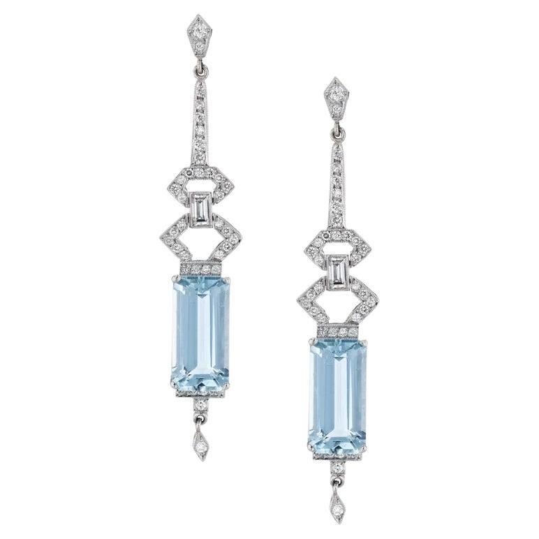 Handmade 8.60 Carat Aquamarine Diamond Platinum Art Deco Inspired Drop Earrings  For Sale