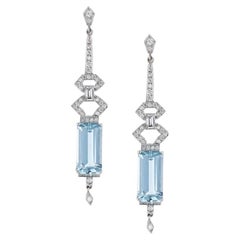 Handmade 8.60 Carat Aquamarine Diamond Platinum Art Deco Inspired Drop Earrings 