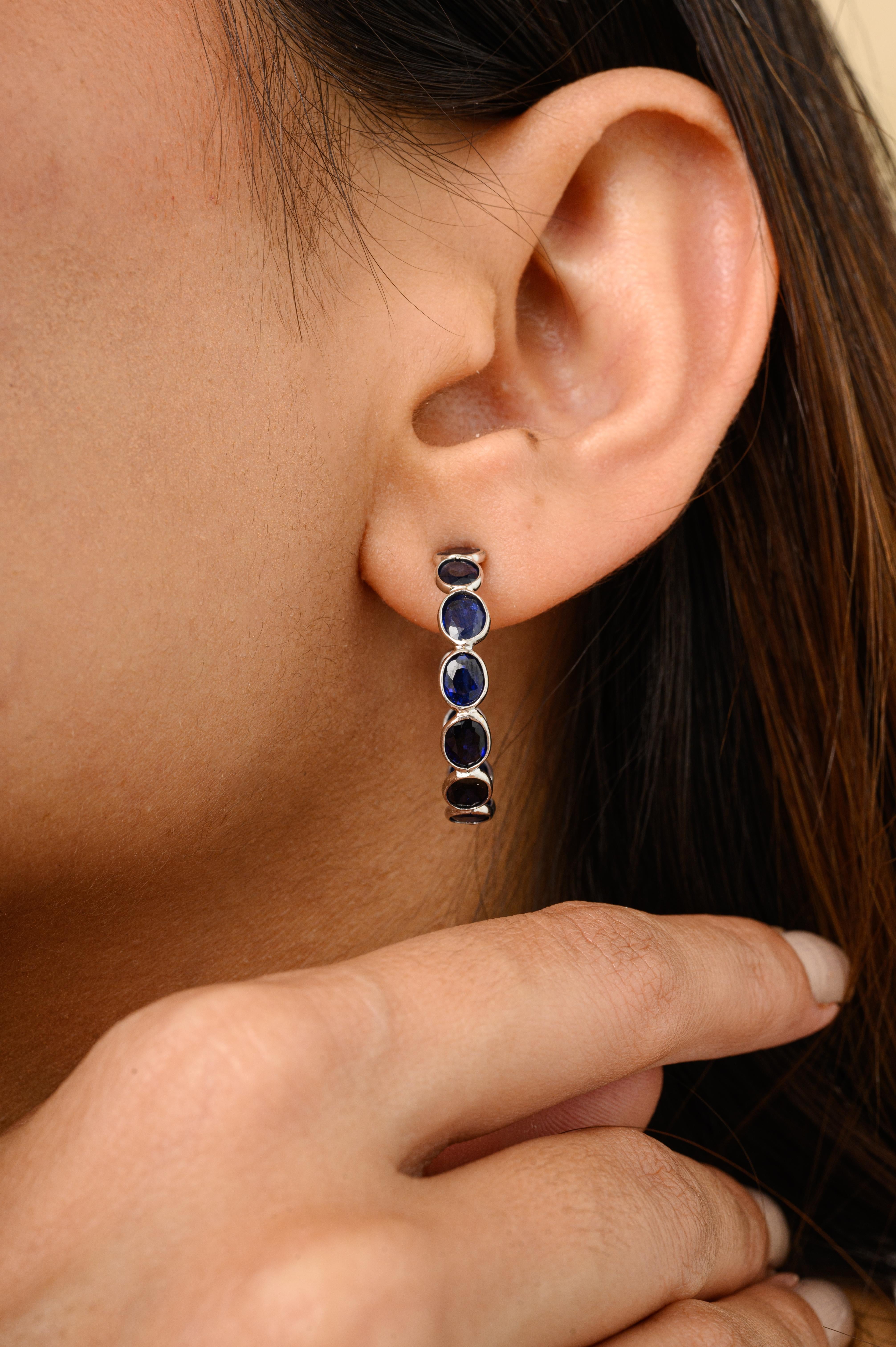 Oval Cut Handmade 9.07 Carat Blue Sapphire Hoop Earrings for Her in 18k Solid White Gold For Sale