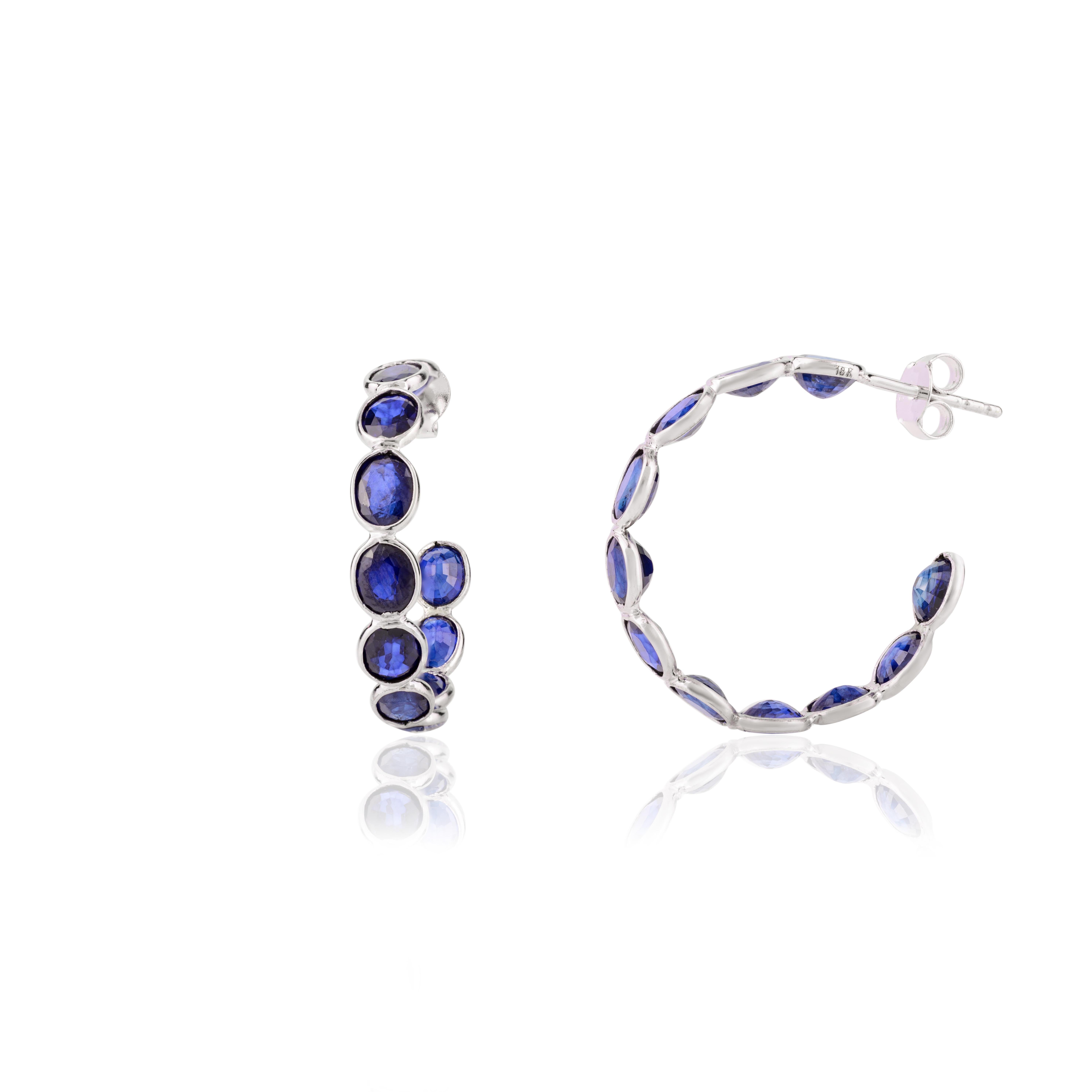 Handmade 9.07 Carat Blue Sapphire Hoop Earrings for Her in 18k Solid White Gold In New Condition For Sale In Houston, TX