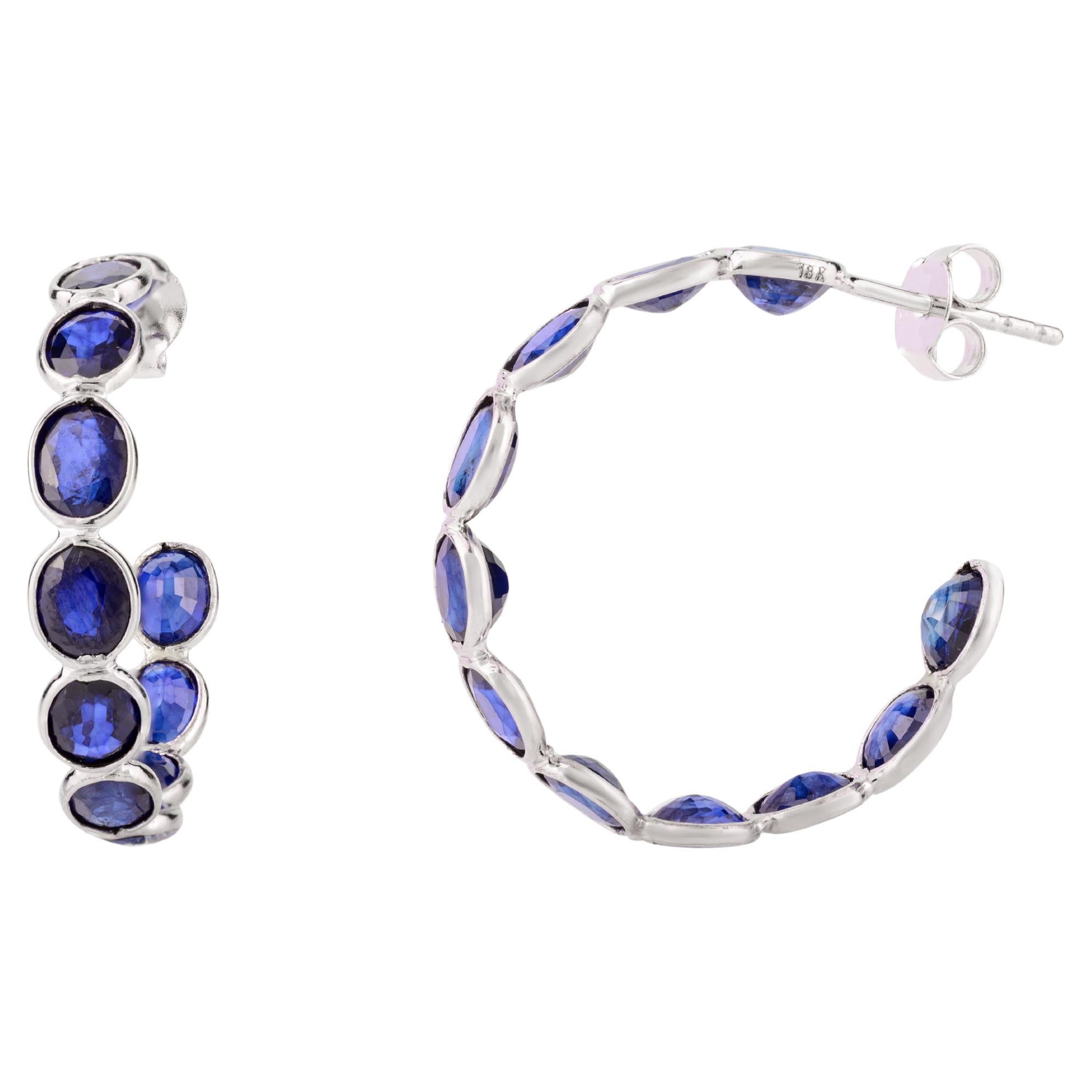 Handmade 9.07 Carat Blue Sapphire Hoop Earrings for Her in 18k Solid White Gold For Sale