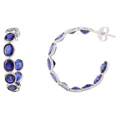 Handmade 9.07 Carat Blue Sapphire Hoop Earrings for Her in 18k Solid White Gold