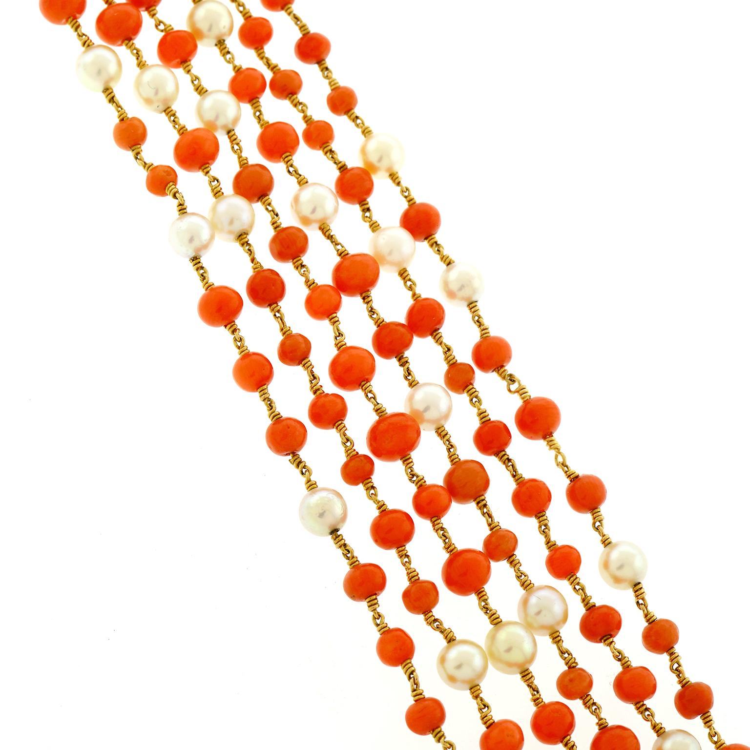 Women's Handmade 91 inch Coral and Pearl Gold Necklace