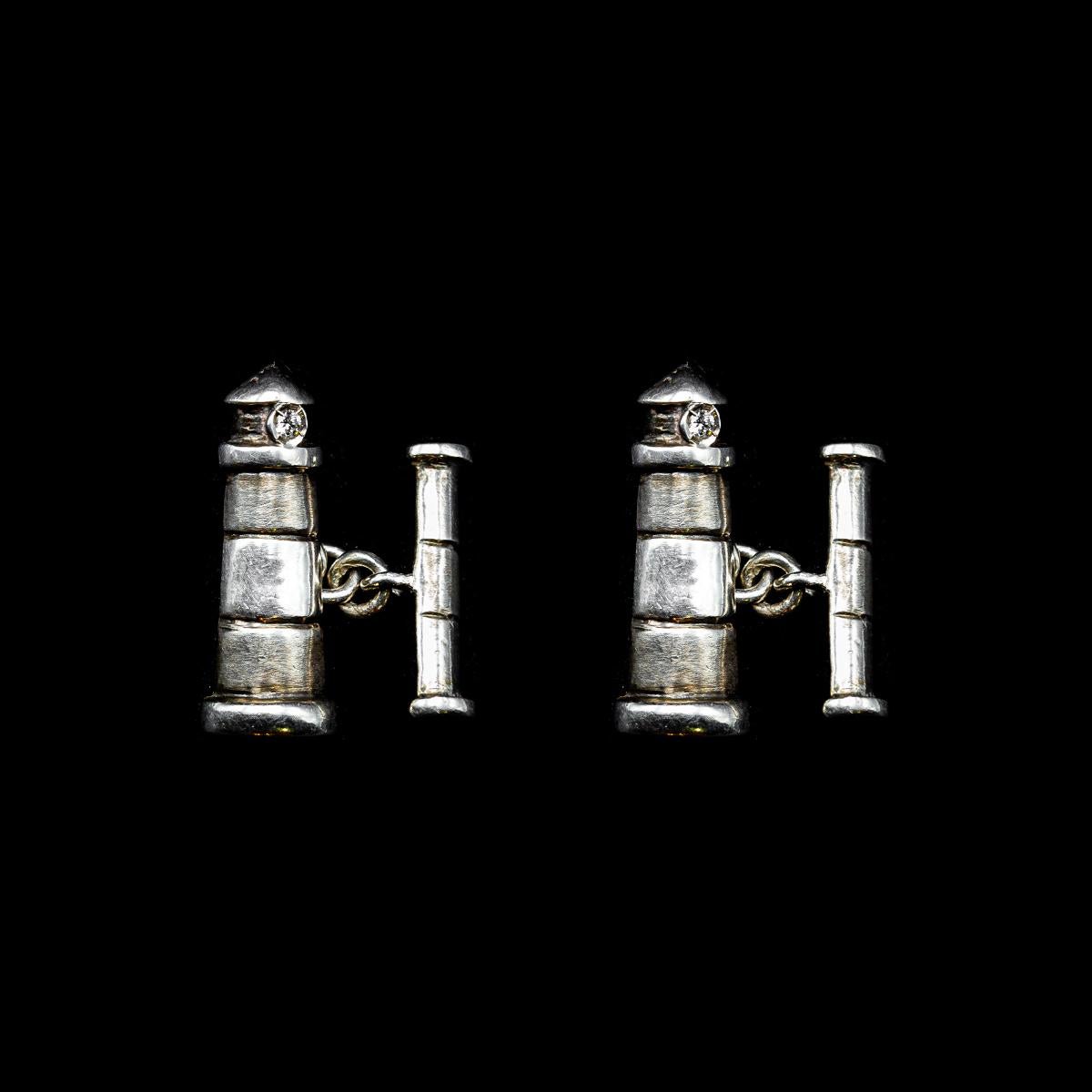 Brilliant Cut Handmade 925 Silver Lighthouse Shaped Cufflinks with 0, 04 Ct Small Diamonds For Sale