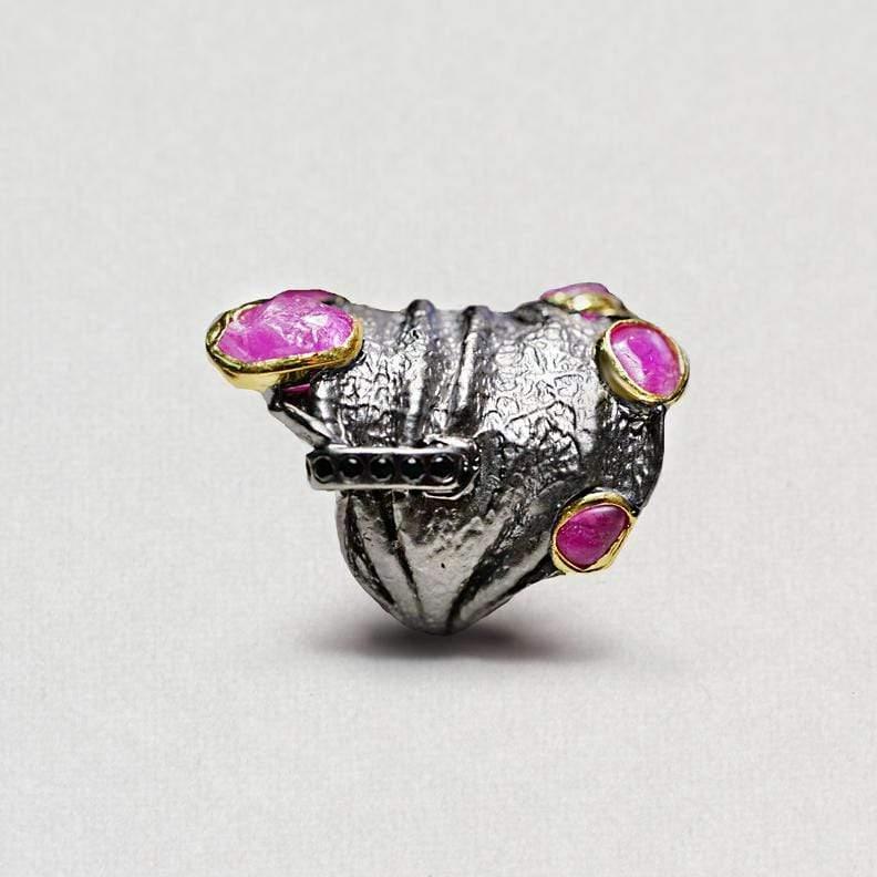Arts and Crafts Handmade 925 Sterling Silver Almaith Ruby Ring with Gold and Black Rhodium For Sale
