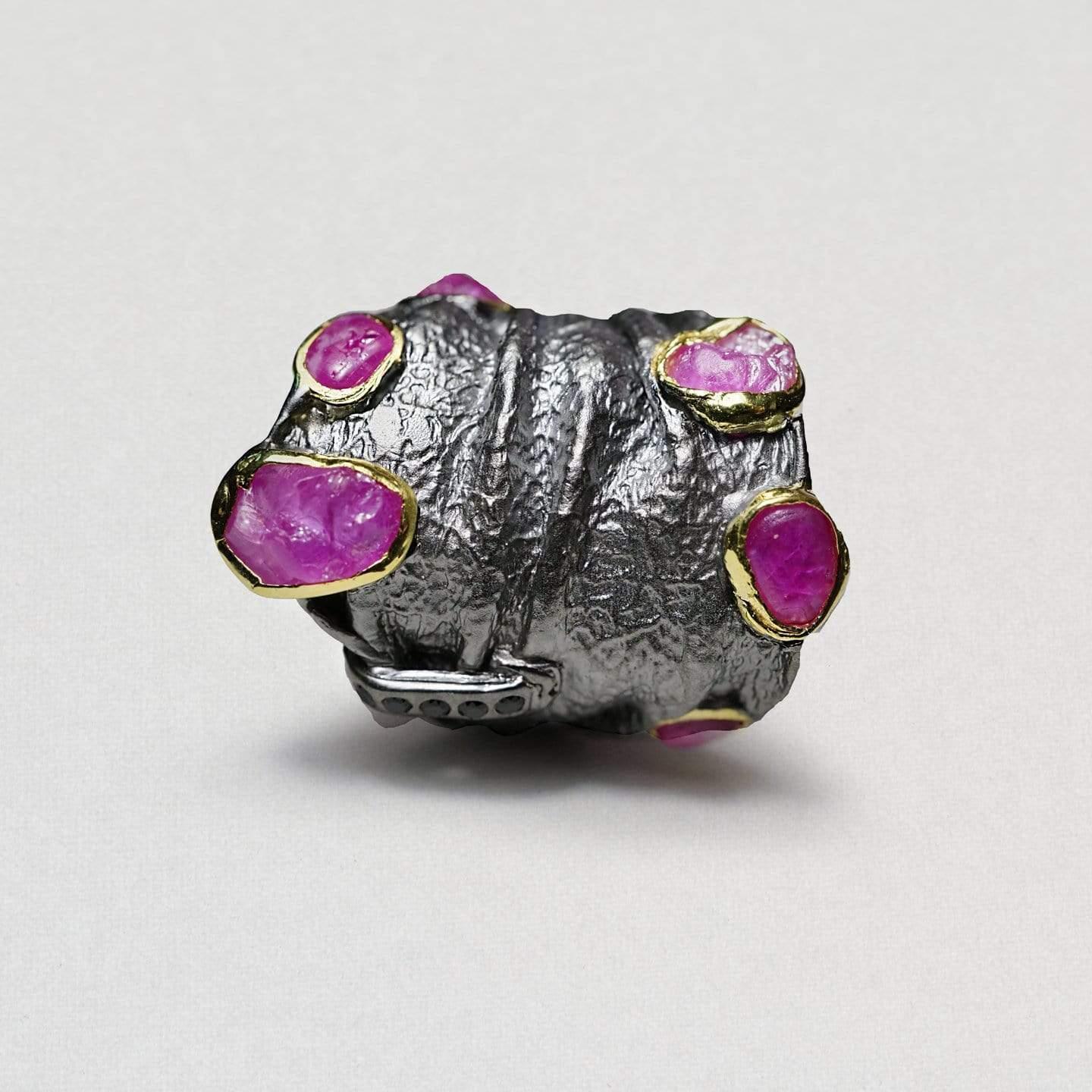 Rough Cut Handmade 925 Sterling Silver Almaith Ruby Ring with Gold and Black Rhodium For Sale