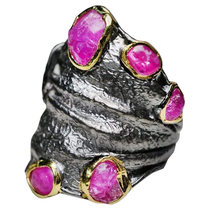 Handmade 925 Sterling Silver Almaith Ruby Ring with Gold and Black Rhodium For Sale