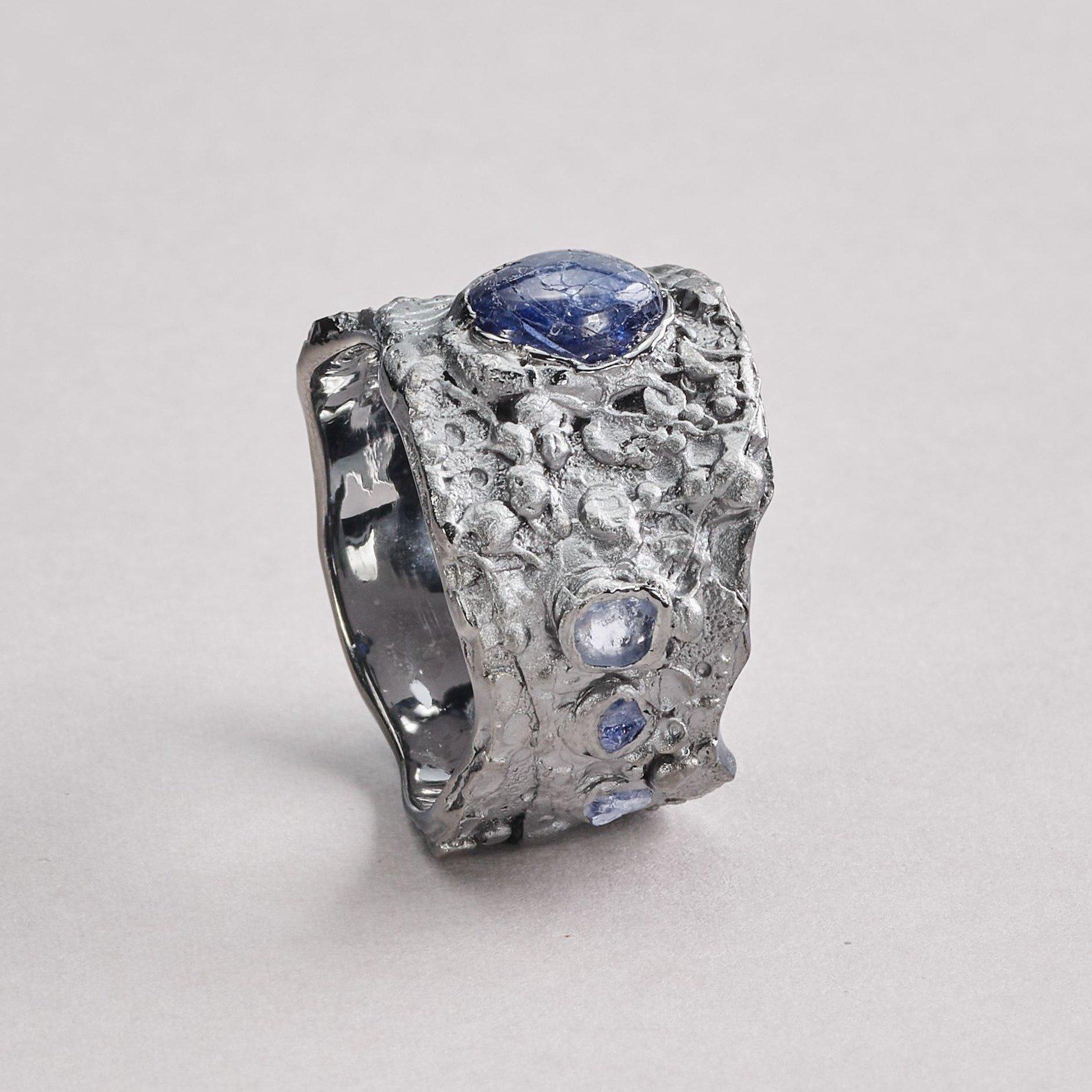 Arts and Crafts Handmade 925 Sterling Silver Tien Sapphire Ring by German Kabirski For Sale