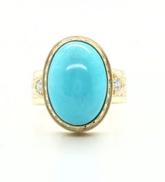 Handmade 9.91ct Sleeping Beauty Turquoise Cabochon & Diamond Ring in 18k Gold