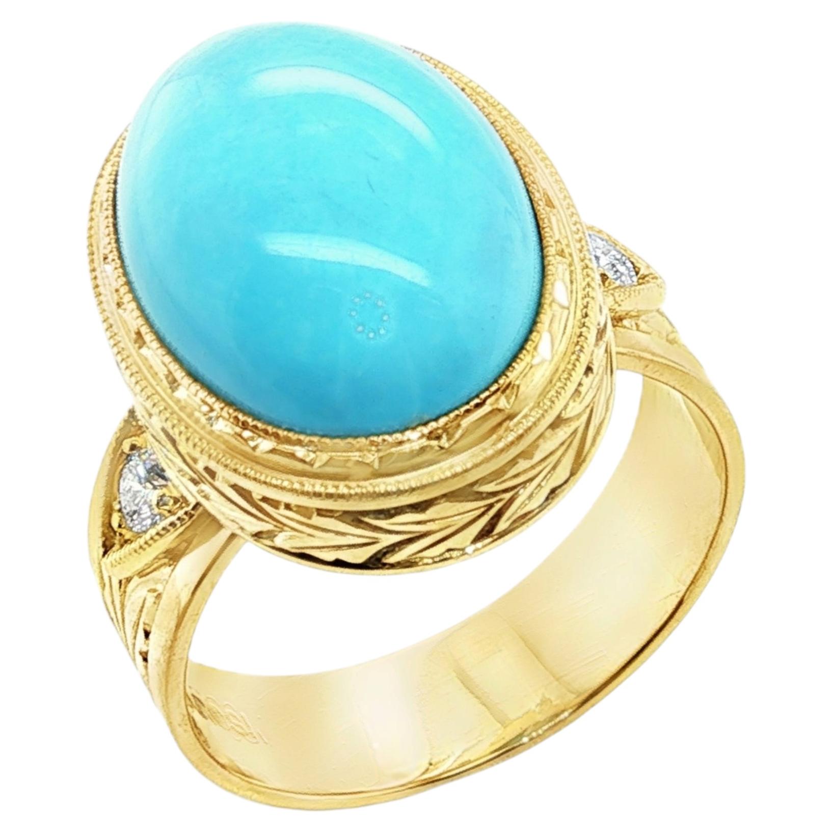 Handmade 9.91ct Sleeping Beauty Turquoise Cabochon & Diamond Ring in 18k Gold For Sale