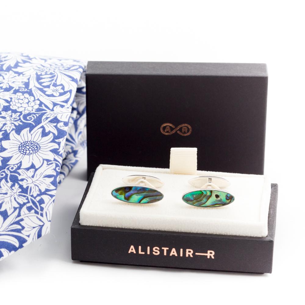 Contemporary Handmade Cufflinks, Abalone Pearl set in Sterling Silver For Sale