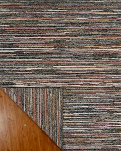 Handmade Abstract Striated Wool Rug in Charcoal, Rust and Gold Tones