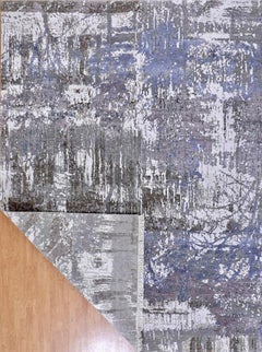 Handmade Abstract Wool Rug in Slate Grey, Blue & Ivory Contemporary Design