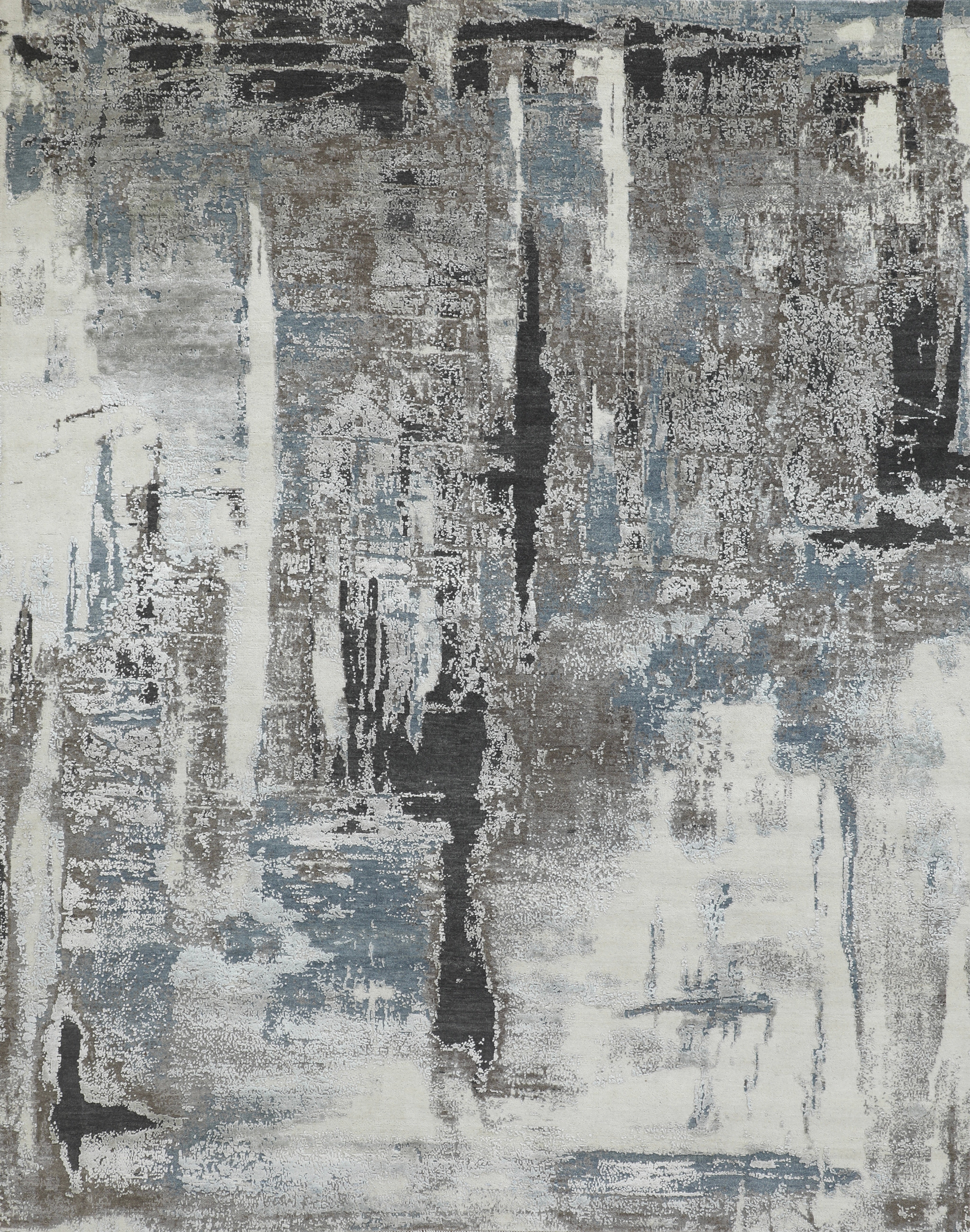 Handmade Abstract Wool Rug Ivory Grey Brown Soft Blue Contemporary Urban Design