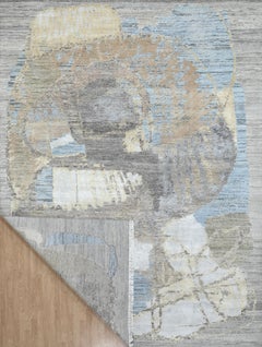 Handmade Abstract Wool & Silk Rug in Beige, Soft Blue and Neutral Tones