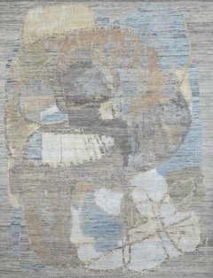Handmade Abstract Wool & Silk Rug in Beige, Soft Blue and Neutral Tones