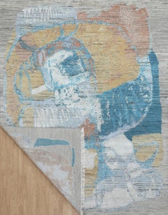 Tapis abstrait en laine et soie fait main en beige avec des accents bleu sarcelle et ocre
