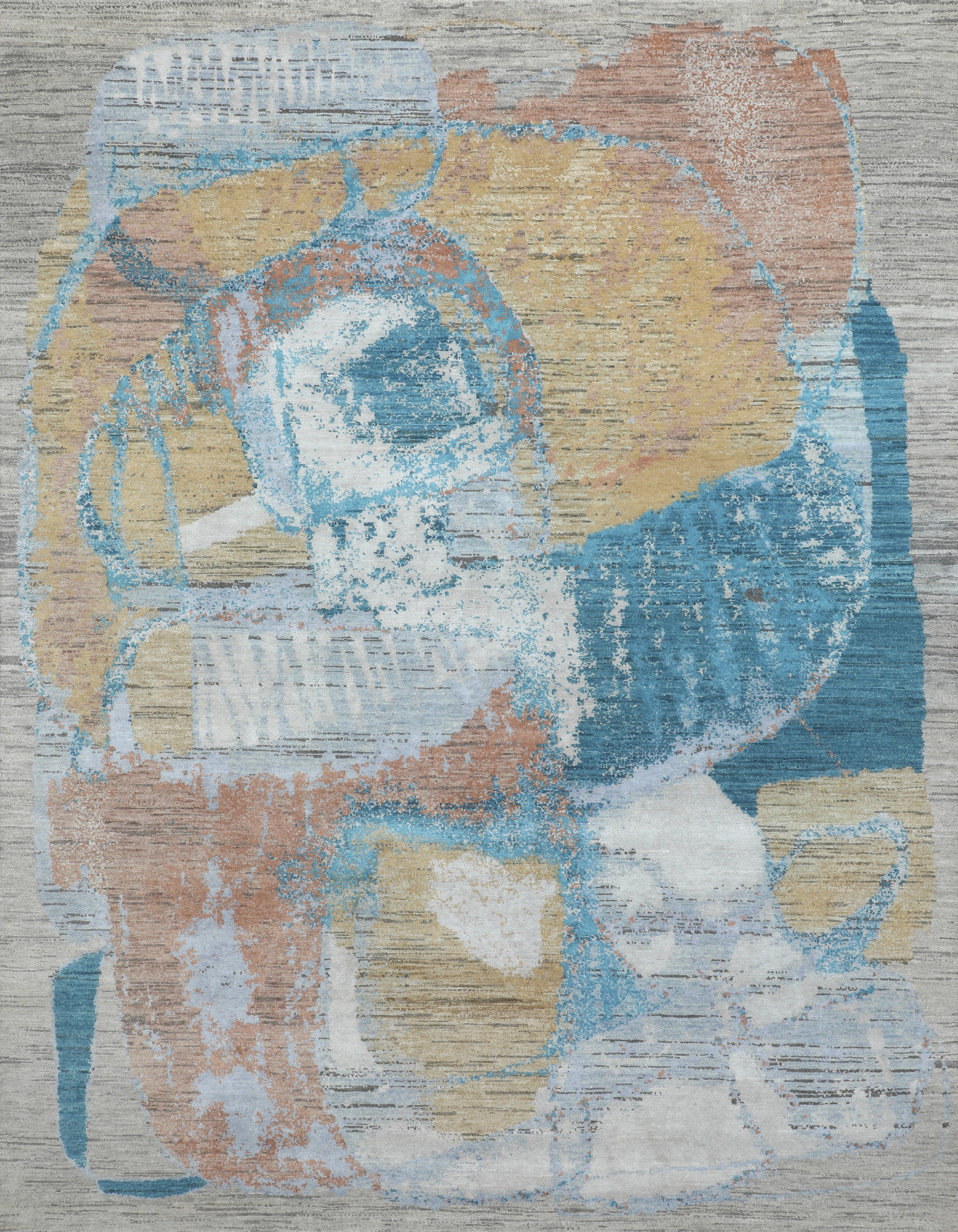 Handmade Abstract Wool & Silk Rug in Beige with Teal Blue and Ochre Accents