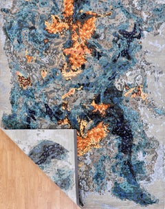 Handmade Abstract Wool & Silk Rug in Bottle Green, Coral and Blue Tones