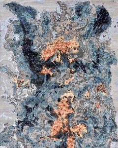 Handmade Abstract Wool & Silk Rug in Bottle Green, Coral and Blue Tones