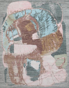 Handmade Abstract Wool & Silk Rug in Light Gray with Blush, Teal & Ochre Accents