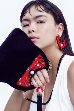 Handmade Acrylic Coral Pearl Hoops Earring / Red