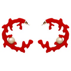 Handmade Acrylic Coral Pearl Hoops Earring / Red