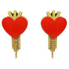 Handmade Acrylic Earring Fringe Heart / Red