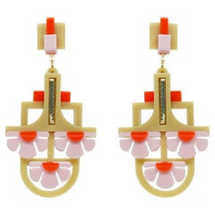 Handmade Acrylic Pendant Earring 3 Flowers Kahki / Pink