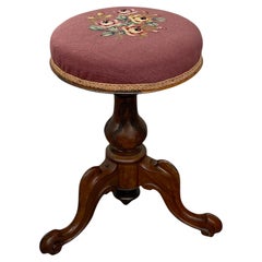 Handmade Adjustable Piano Stool with Floral Needlepoint Seat