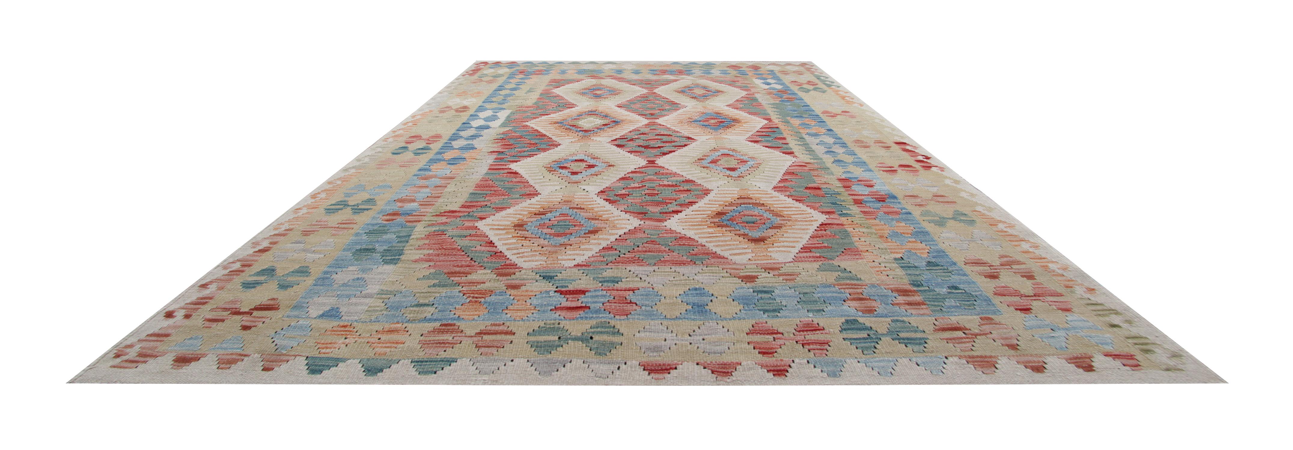 Handmade Afghan Kilim Geometric Cream and Blue Wool Kilim Rug In Excellent Condition In Hampshire, GB