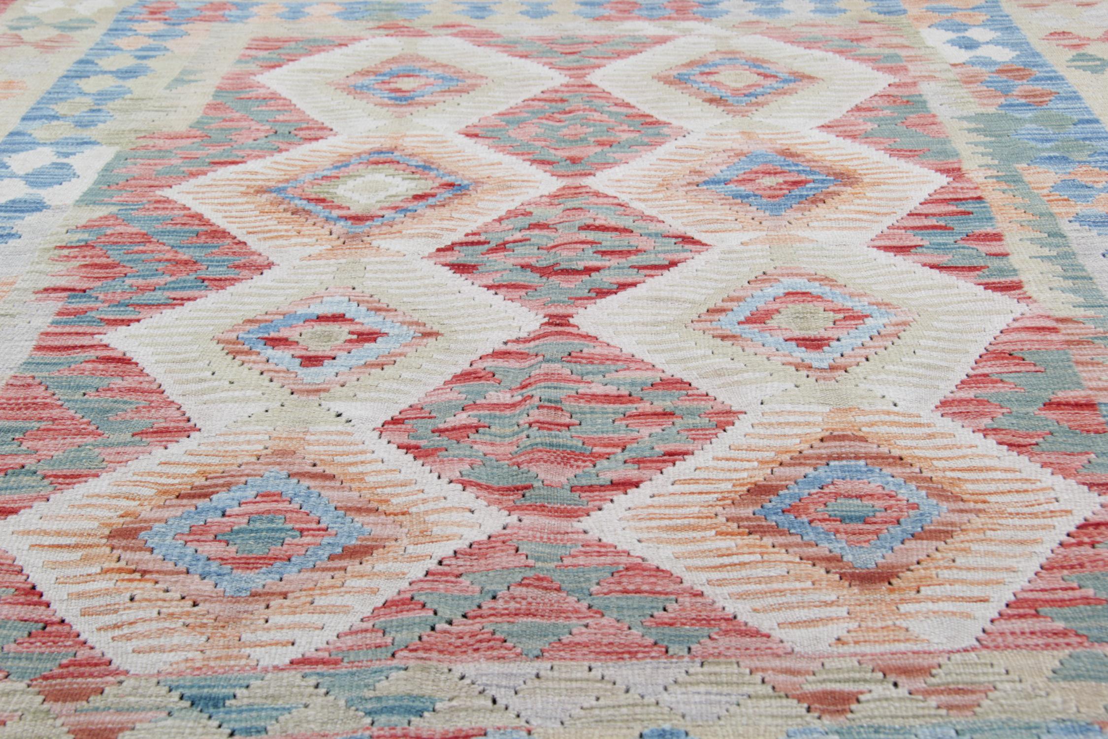 Late 20th Century Handmade Afghan Kilim Geometric Cream and Blue Wool Kilim Rug