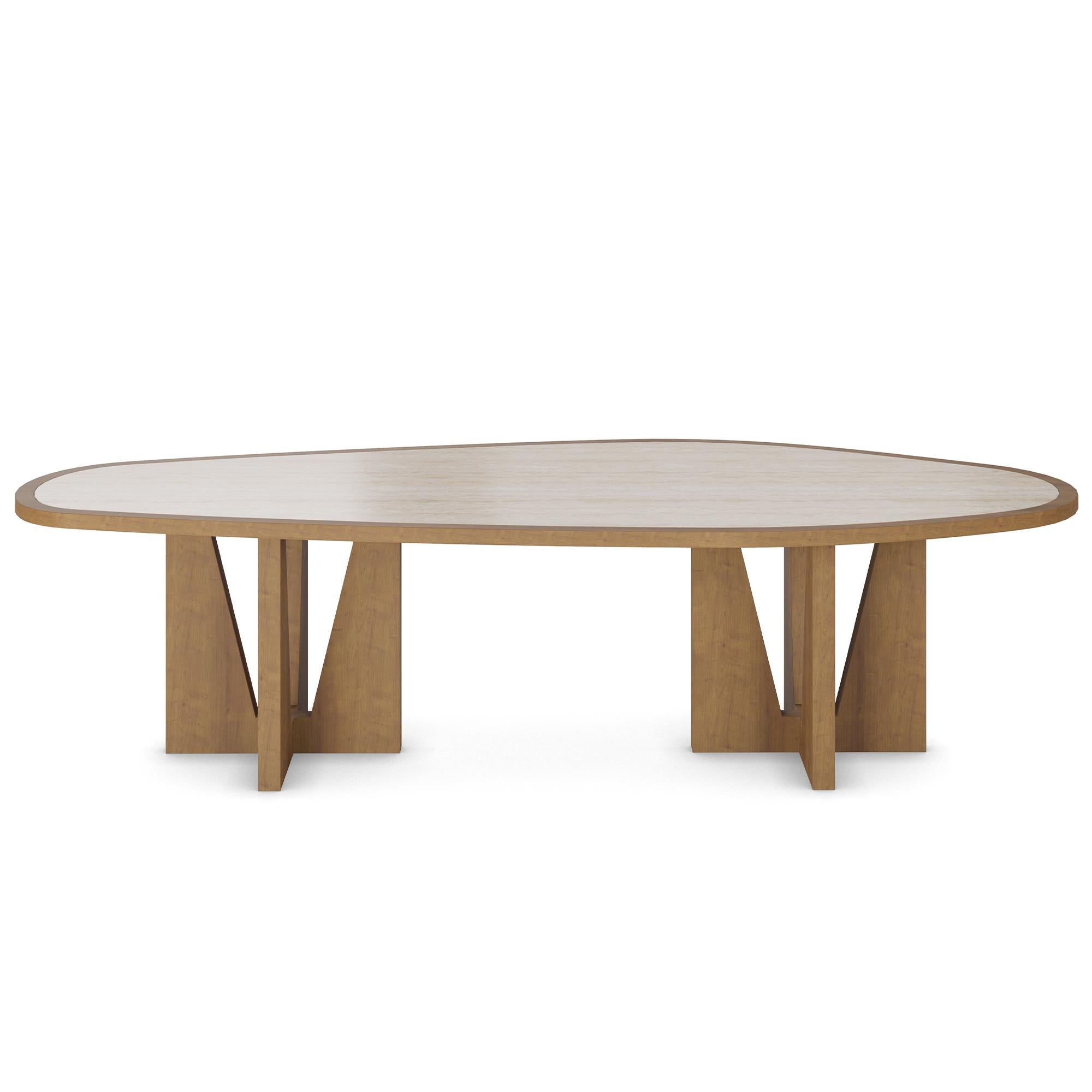 Mesa de comedor Alba hecha a mano en travertino con base de roble by Nolita Harbour Moderno en venta