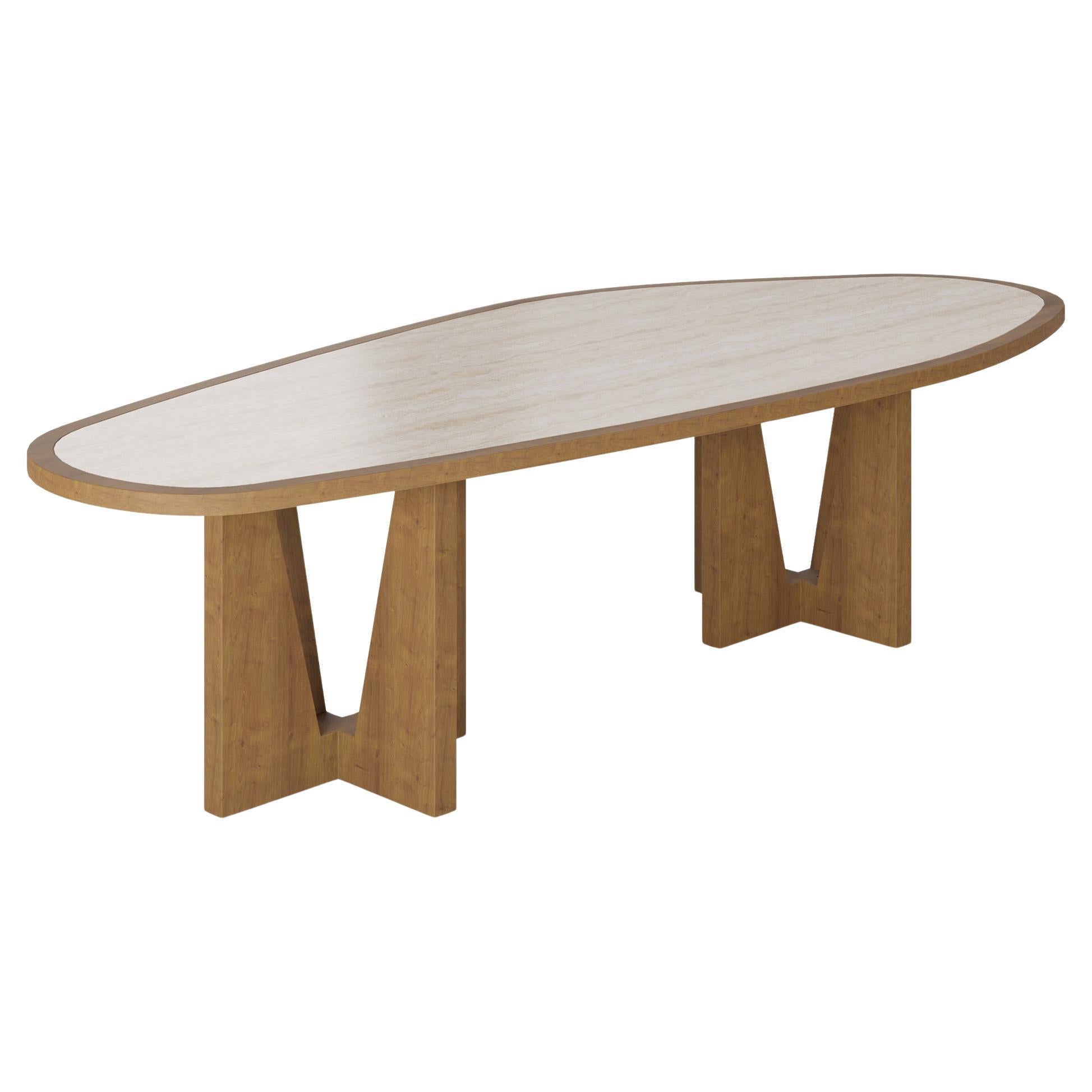 Table de salle à manger Alba faite à la main en travertin avec base en chêne par Nolita Harbour
