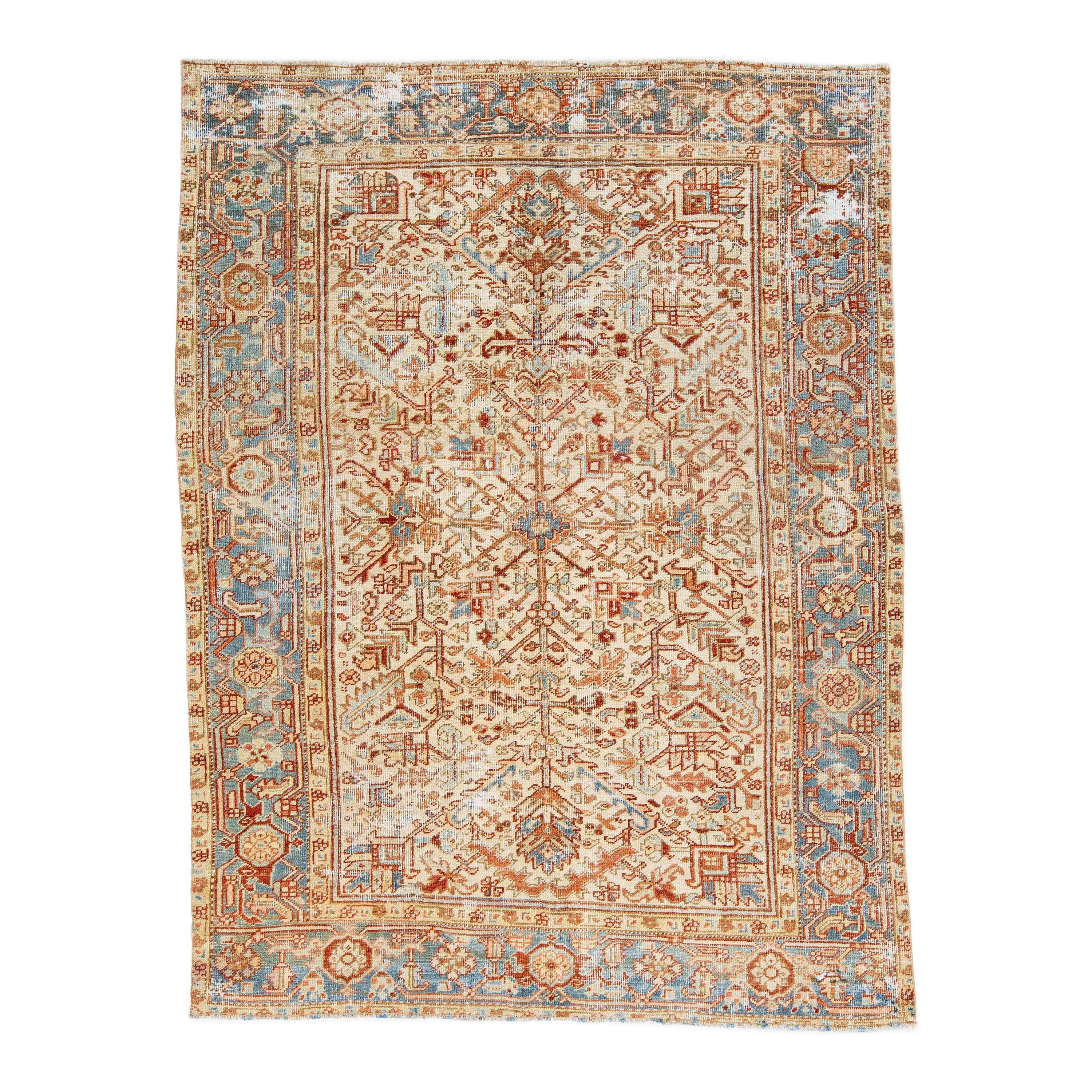 Tapis en laine Heriz vintage entièrement fait à la main beige